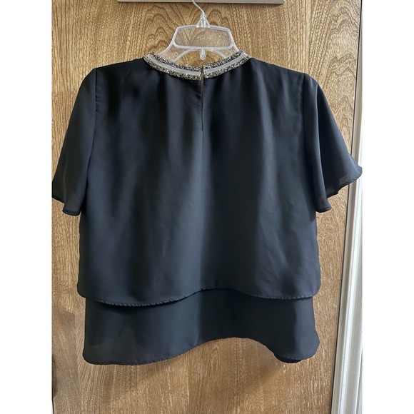 Zara Double Layer Black Blouse Short Sleeve Embellished Collar Preppy Sheer Sz S - Picture 5 of 8